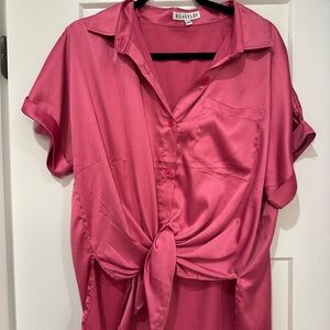 Pink Cuffed Sleeve Button Down Shirt with Tie Front